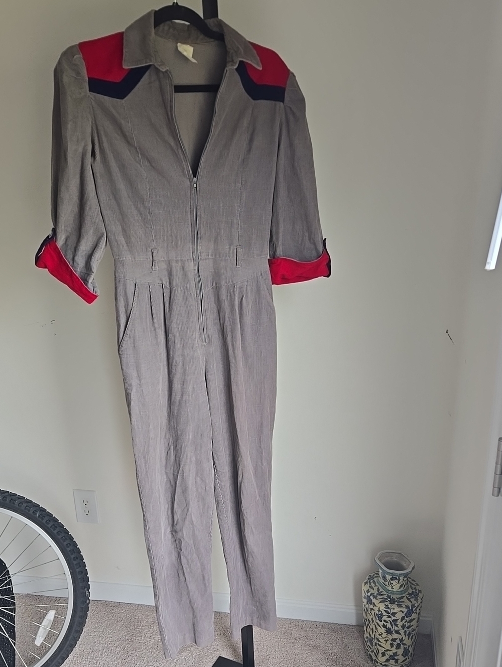 Womens Vintage Light Gray 1970's Jumpsuit with Red And Blue Corduroy Size:S